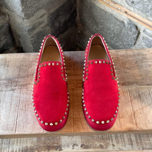 Christian Louboutin Red Suede Pik Boat Spike Slip On Sneakers - Picture 2 of 10